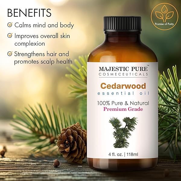 MAJESTIC PURE ESSENTIAL OIL WITH GLASS DROPPER – 100% PURE AND NATURAL – ESSENTIAL OILS FOR DIFFUSER, AROMATHERAPY, SOAP AND CANDLE MAKING, CEDARWOOD ESSENTIAL OIL, CEDARWOOD OIL, 4 FL OZ