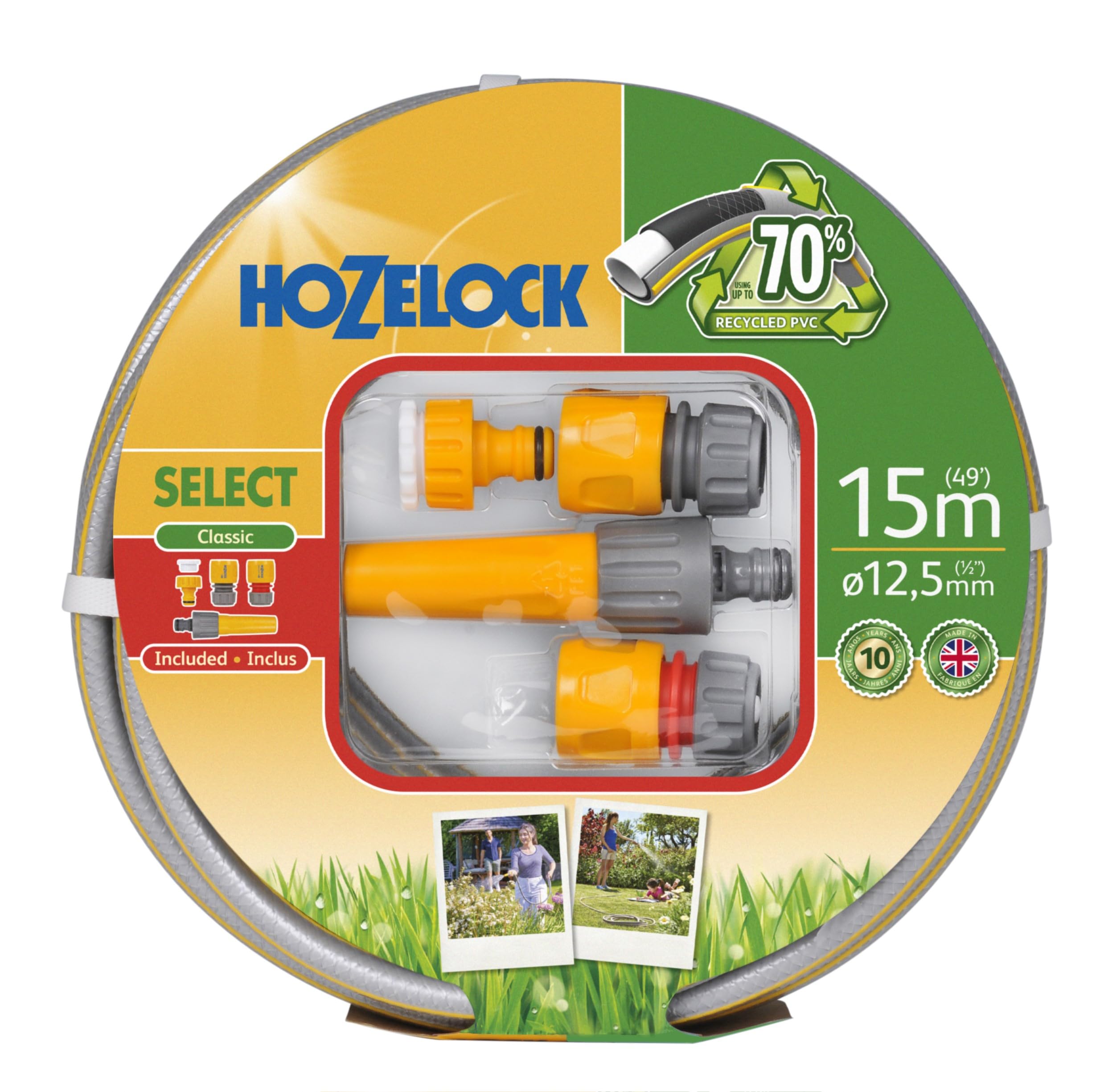 HOZELOCK - Select Hose 12.5mm x 15m Starter Set, Up To 70% Recycled PVC, Braided Reinforcement, Hard-Wearing Garden Hose, Quality and Durability, Fittings Included [100-100-581]
