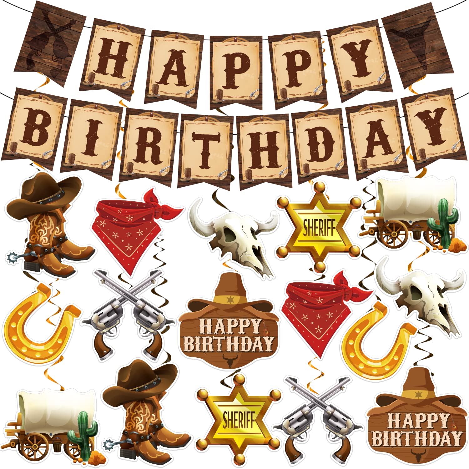 Photo 1 of Cowboy Party Decorations, Cowboy Theme Party Decorations Include Western Cowboy Happy Birthday Banners and Hanging Swirls, Cowboy Birthday Decorations Supplies for Boys