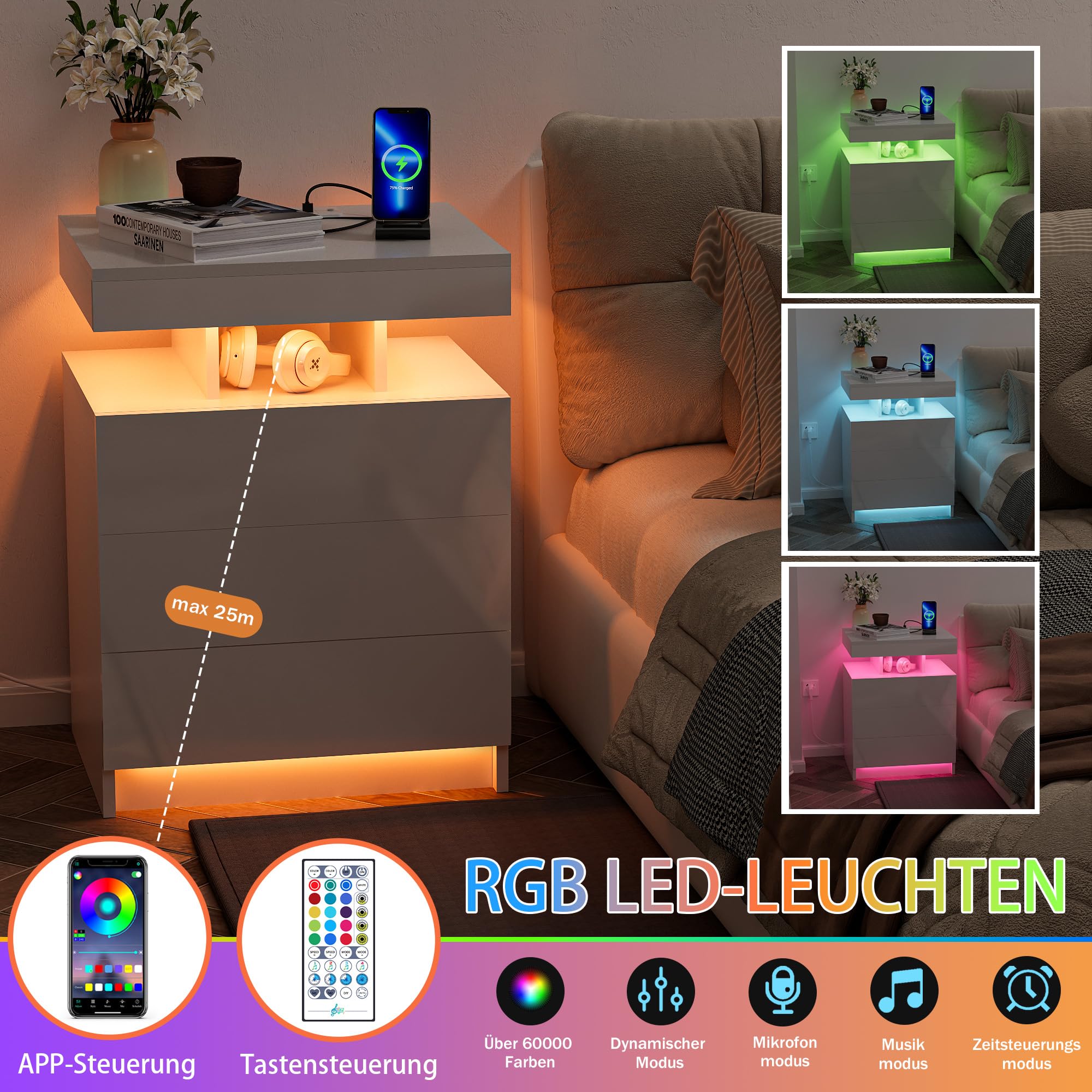 Ztexkee Hochglanz Nachttisch mit Steckdose und LED Lichtleiste Nachtschrank Beistelltisch Groß Nachttisch mit 3 Schubladen für Schlafzimmer, Wohnzimmer Weiß 4
