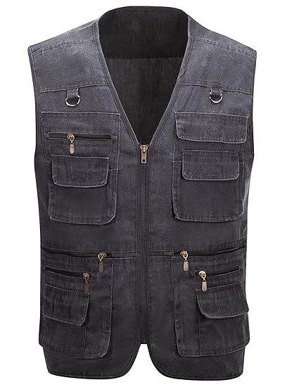 SWISSWELL Herren Stone Washed Denim Multi-Taschened Fishing Weste Freizeit Jacke Outdoor Militär Taktisch Jagd- und Angler Ca