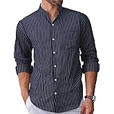BAYAMO Men's Banded Collar Stripe Shirt, Linen Cotton Mandarin Collar Long Sleeve Button Down Shirts Collarless Tops