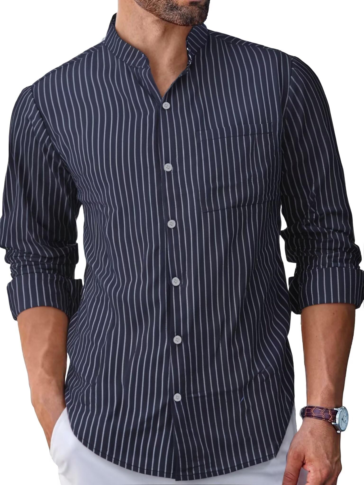 Photo 1 of ?Men's Banded Collar Stripe Shirt, Linen Cotton Mandarin Collar Long Sleeve Button Down Shirts Collarless Tops with Pocket for Casual & Business (Navy XXL)
