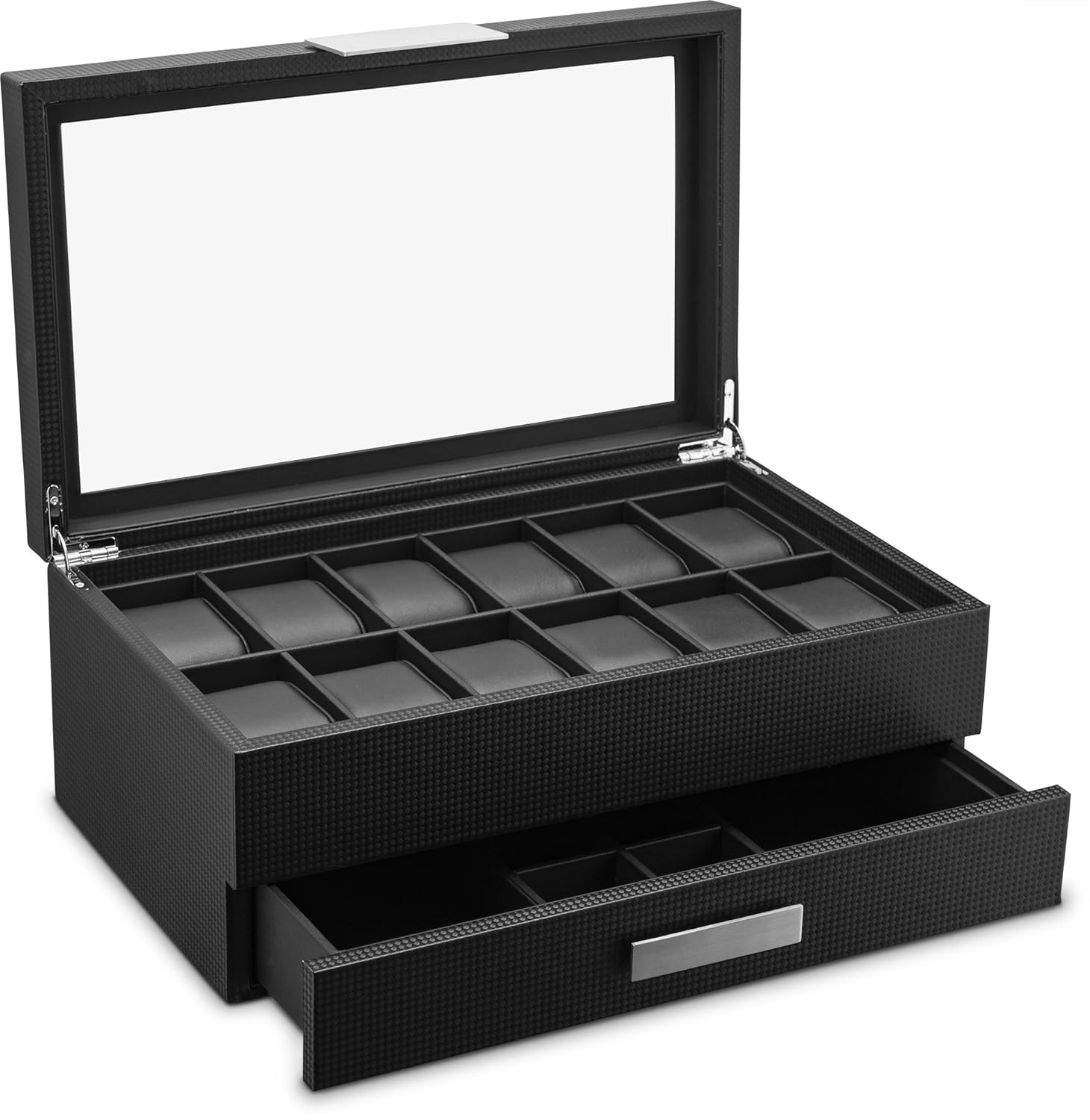 Glenor Co Watch Box with Valet Drawer for Men - 12 Slot Luxury Watch Case Display Organizer, Carbon Fiber Design - Metal Buckle for Mens Jewelry Watches, Men's Storage Boxes Holder has Large Glass Top: Home & Kitchen