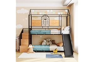 BIADNBZ Twin Over Twin House Bunk Bed with Stairs and Slide, Metal Kids Low Bunkbed with Storage Staircase & Roof Guard Rails, for Boys Girls Teens Bedroom, Black