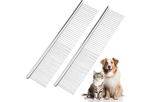 PETTOM 2Pcs Stainless Steel Dog Comb, Round Tooth Cat Comb with 2 Tooth Widths, Metal Combs for Removing Knots and Tangles, Grooming Tool for Long and Short Hair Pets, 7.5 IN Silver