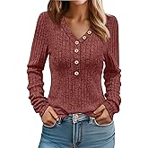 Ficerd Women's Pullover Lightweight Sweaters, Long Sleeve V Neck Ribbed Knit Shirts Casual Button Tunic Tops 2025 Fall Trendy