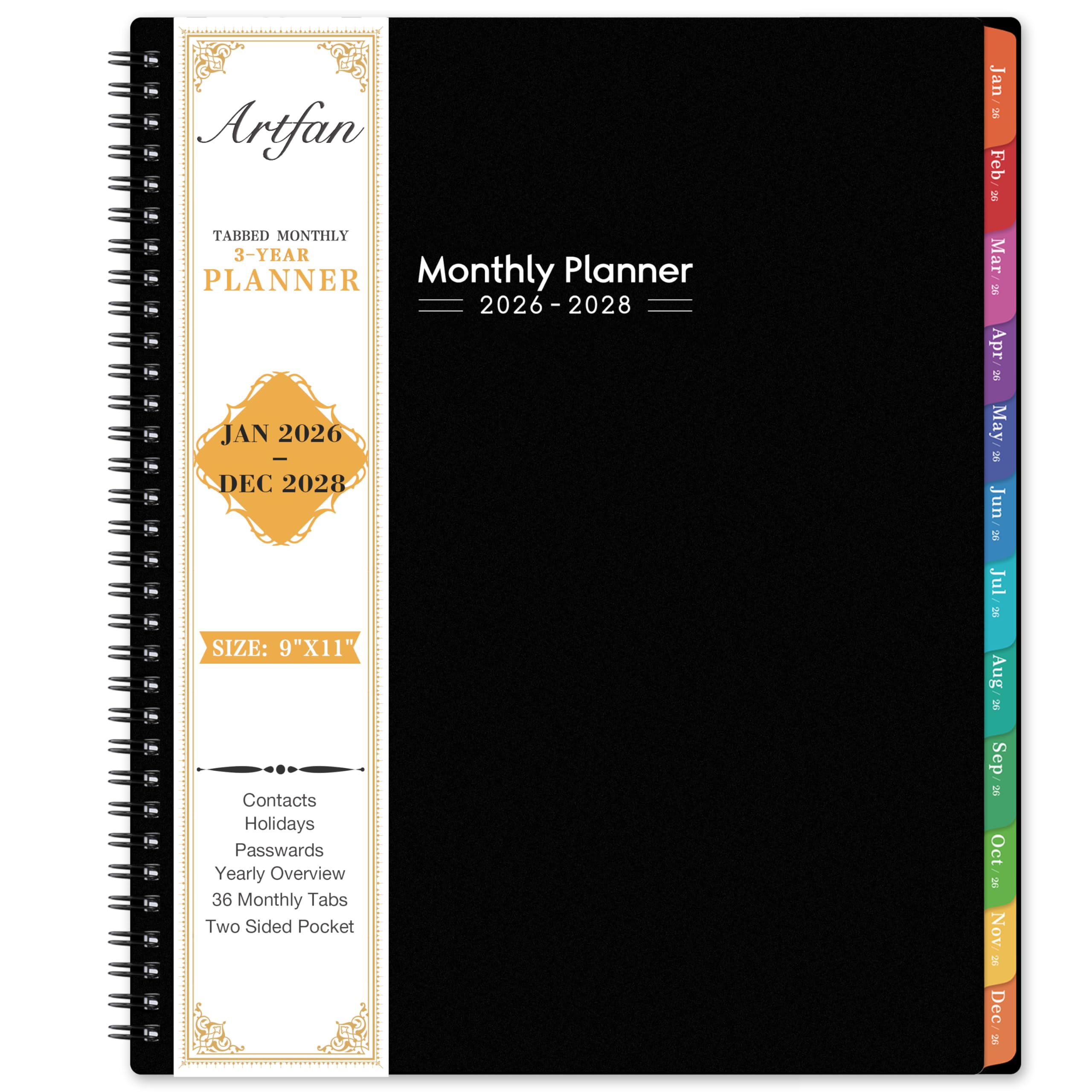 Photo 1 of 2026-2028 Monthly Planner/Calendar - 3 Year Planner 2026-2028, JAN 2026 - DEC 2028, 9" x 11", 36 Month Calendar Planner, Monthly Planners with Colorful Tabs, Inner Pocket - Black