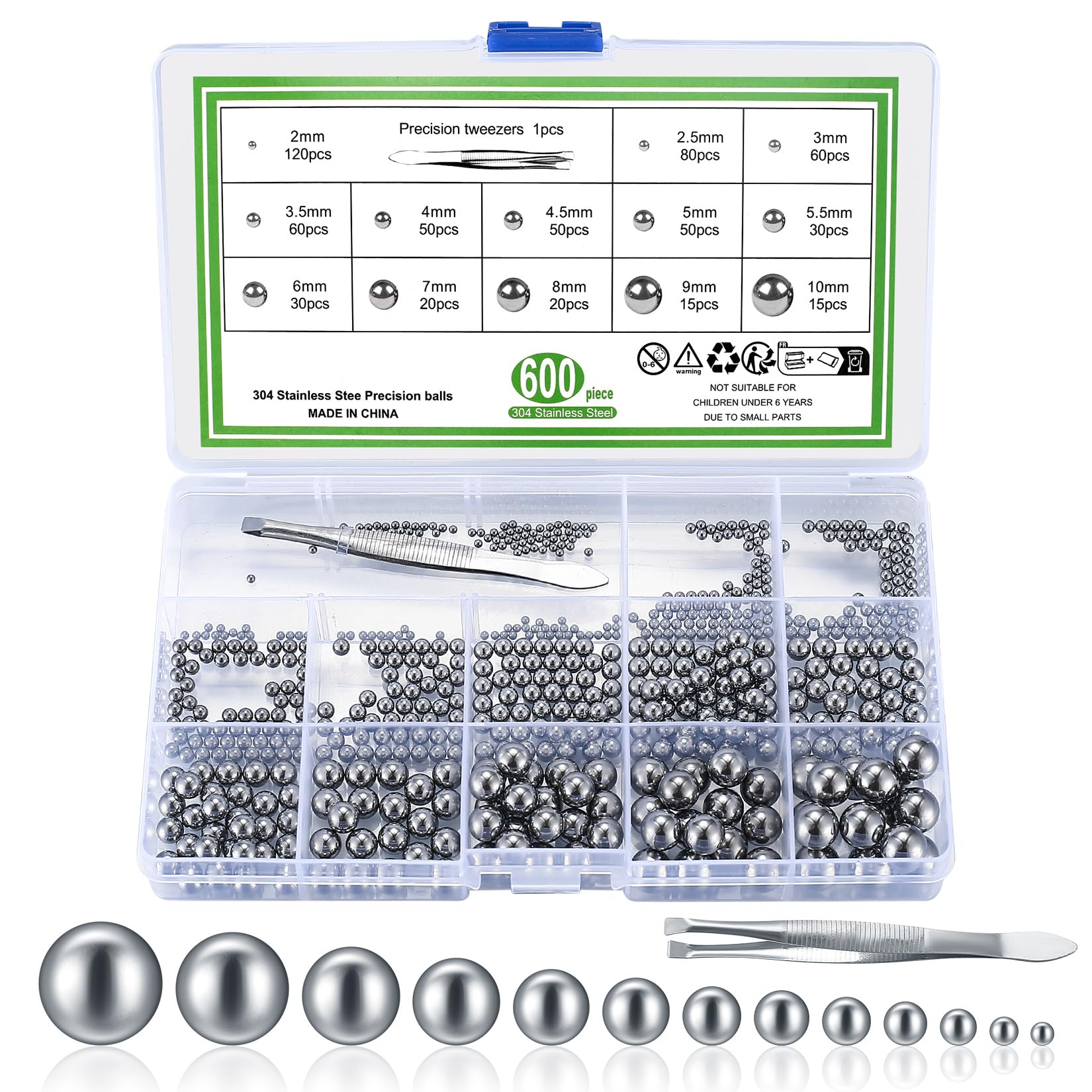 600 Pcs Precision Ball Bearings, Stainless Steel Bearings Balls Set, 13 Sizes Bicycle Bearing Steel Ball Assortment Kit for Bicycles, Skateboard, Motorcycles, Casters