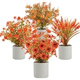 4 Packs Artificial Fall Plants in Pot, Autumn Bathroom Home Decor,Orange | UV-resistant 4 Styles Warm Faux Potted Plants,Low Maintain Fake Daisy Flowers for Tabletop Office Desk Shelf Bedroom Entryway
