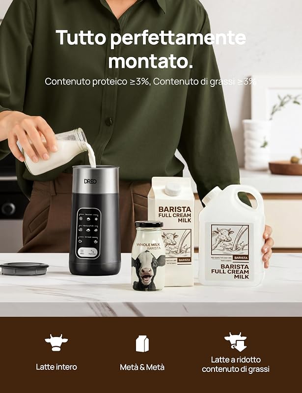 Montalatte Elettrico, 8-in-1 Montalatte per Latte, Cappuccino, Cioccolata Calda, 270ml Milk Frother in Acciaio Inossidabile per Schiuma Calda e Fredda, LED, Facile da Pulire