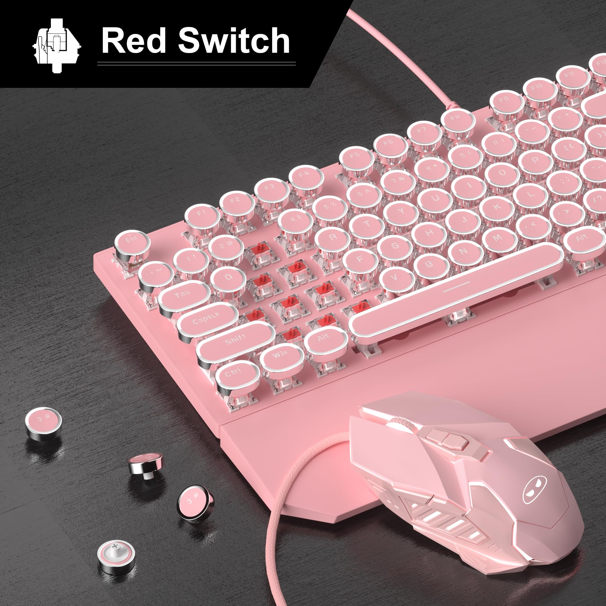 Retro Pink Typewriter-Style Keyboard and Mouse Combo, Cute Light Up Wired Mechanical Keyboard with Linear Red Switches, Full Size for Gaming, Work, Mac, PC, Windows