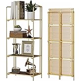 Crofy No Assembly Folding Bookshelf for Living Room, 4 Tier Gold Collapsible Book Shelf for Home Office, Portable Bookcase Storage Organizer