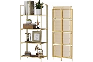 Crofy No Assembly Folding Bookshelf for Living Room, 4 Tier Gold Collapsible Book Shelf for Home Office, Portable Bookcase St