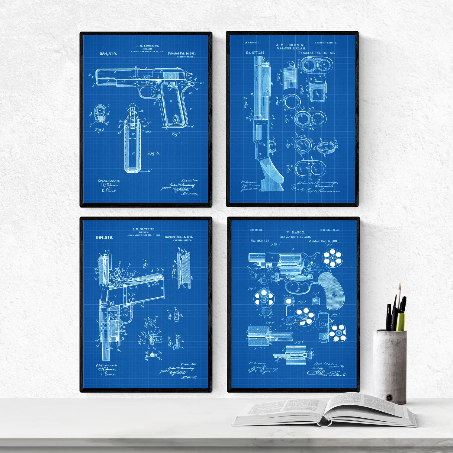 Nacnic BLUE - Pack of 4 sheets with GUNS patents. Set posters with inventions and old patents. Choose the color you like. Printed on 250 grams