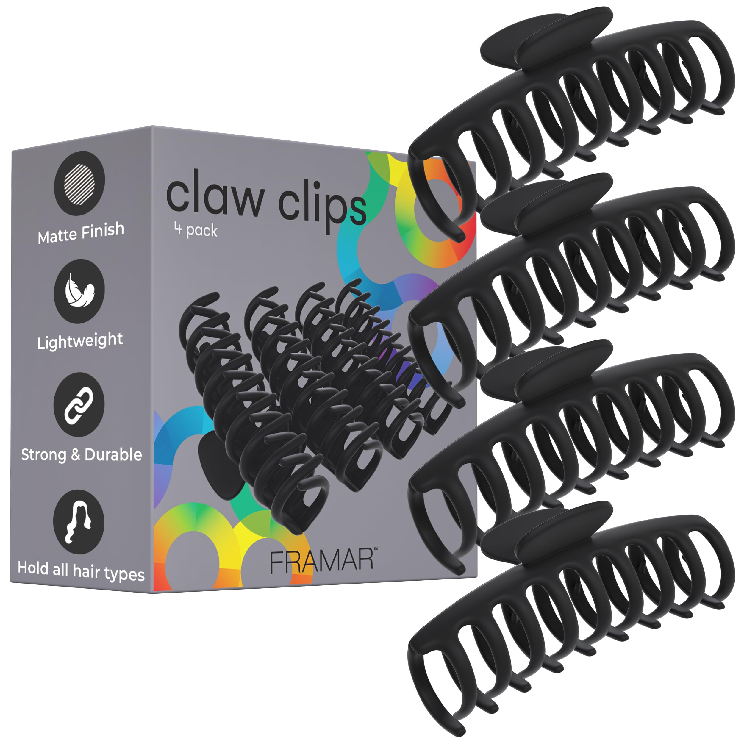 FRAMAR Large Hair Claw Clip – Hair Clips Women, Extra Large Claw Clip For Thick Hair Claw Clips, Hair Claw Clips For Women Thick Hair – Black Claw Clips 4 Pack — image 1
