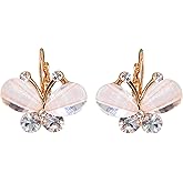 Navachi 18k Gold Plated White Crystal Acetate Flying Butterfly Leverback Earrings