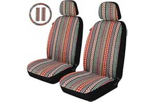 AKAUTO Baja Saddle Blanket Car Seat Covers Front Pair with Seat Belt Pads and Steering Wheel Cover, Universal Colorful Striped Woven Interior Cover for Sedan, SUV, Truck, Airbag Compatible