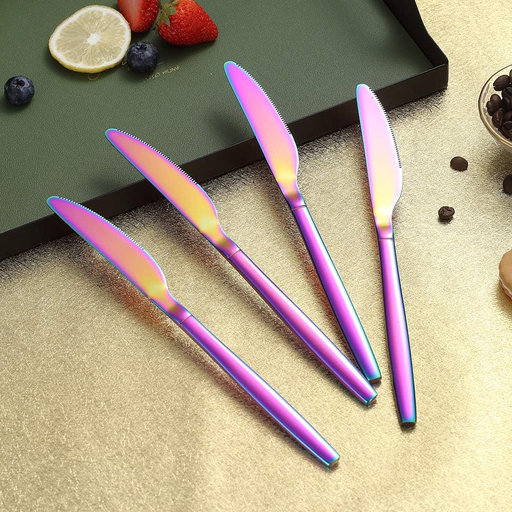  | Rainbow Dinner Knives 4 Pieces, Homquen Sturdy 9" Stainless Steel Modern Design Knife, Colorful Titanium Plating Knifes Set With Round Edge Dishwasher Safe: Flatware Sets