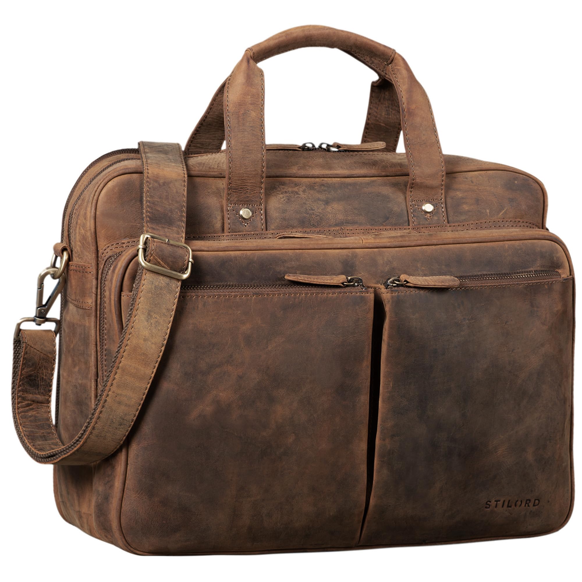 STILORD "Remus" Vintage Leather Shoulder Bag Men Large Laptop Bag 15.6" College Bag Portfolio Satchel Business Genuine Leather Colour:Middle Brown — image 1