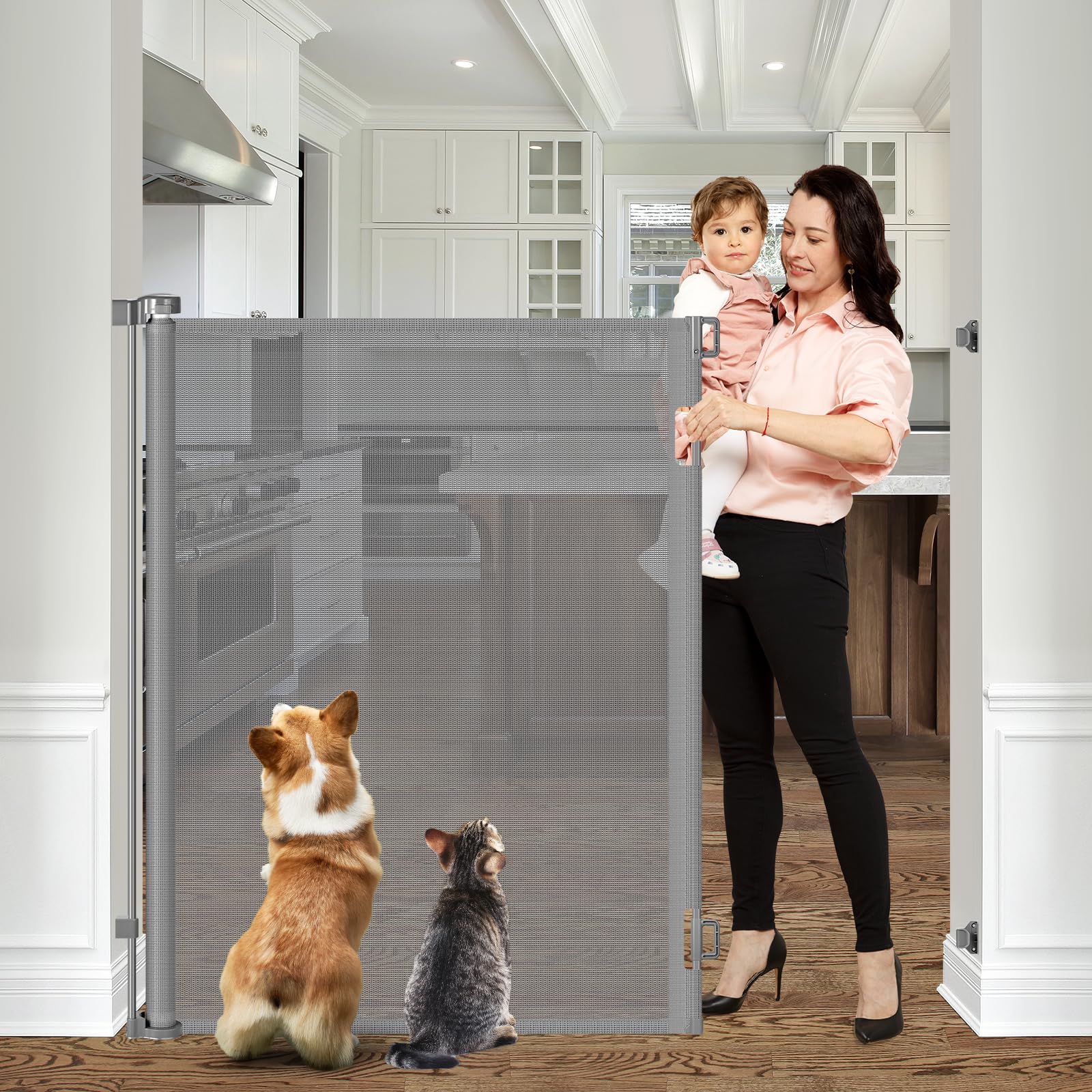Photo 1 of 48 Inch Tall Cat Gate for Doorway, Extends to 55" Wide - Retractable Dog Gate - Gray
