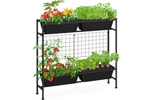 OYEAL Raised Garden Bed 32" Tall Elevated Planter Boxes with Trellis & Legs, Standing Herb Garden Planter Outdoor for Gardening, Vegetables, Flowers, Herbs, Backyard, Black