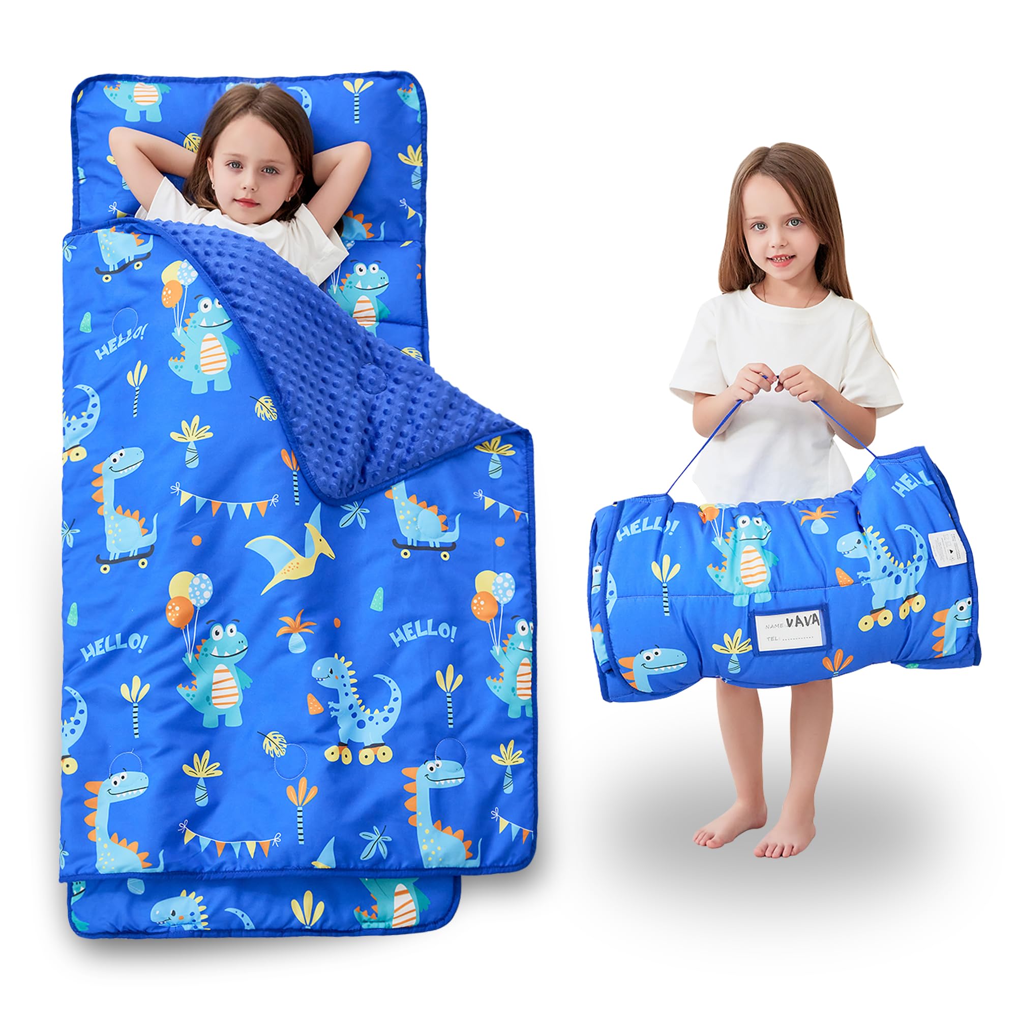 Photo 1 of Toddler Nap Mat with Pillow and Blanket, Extra Large Rolled Napping Mats,Slumber Bags for Boys Girls,Kids Sleeping Bag for Daycare, 21" x 50" Preschool Travel Camping - Blue Dinosaurs