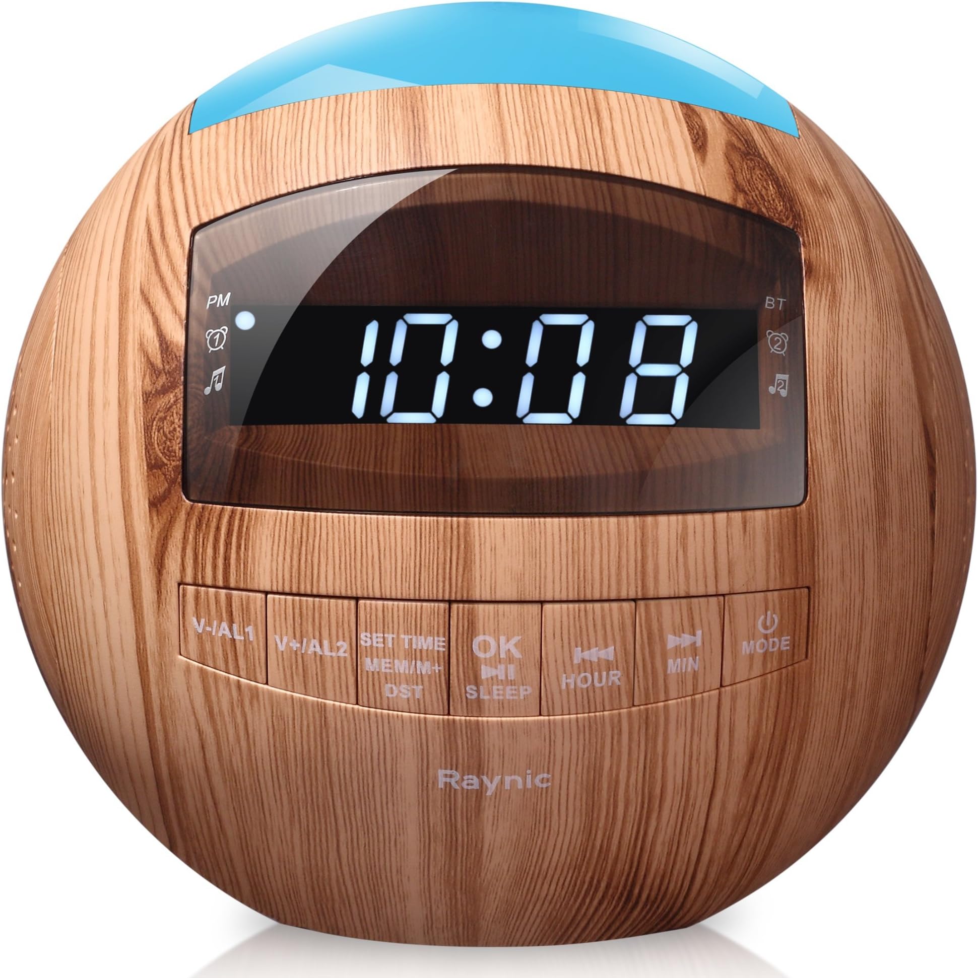 8-in-1 Bluetooth Alarm Clock Radio (Digital) Dual USB Charging Ports, FM Stereo, Dimmable LED Display, Nap & Sleep Timers, Snooze, Multi-Color Night Light (Wooden)