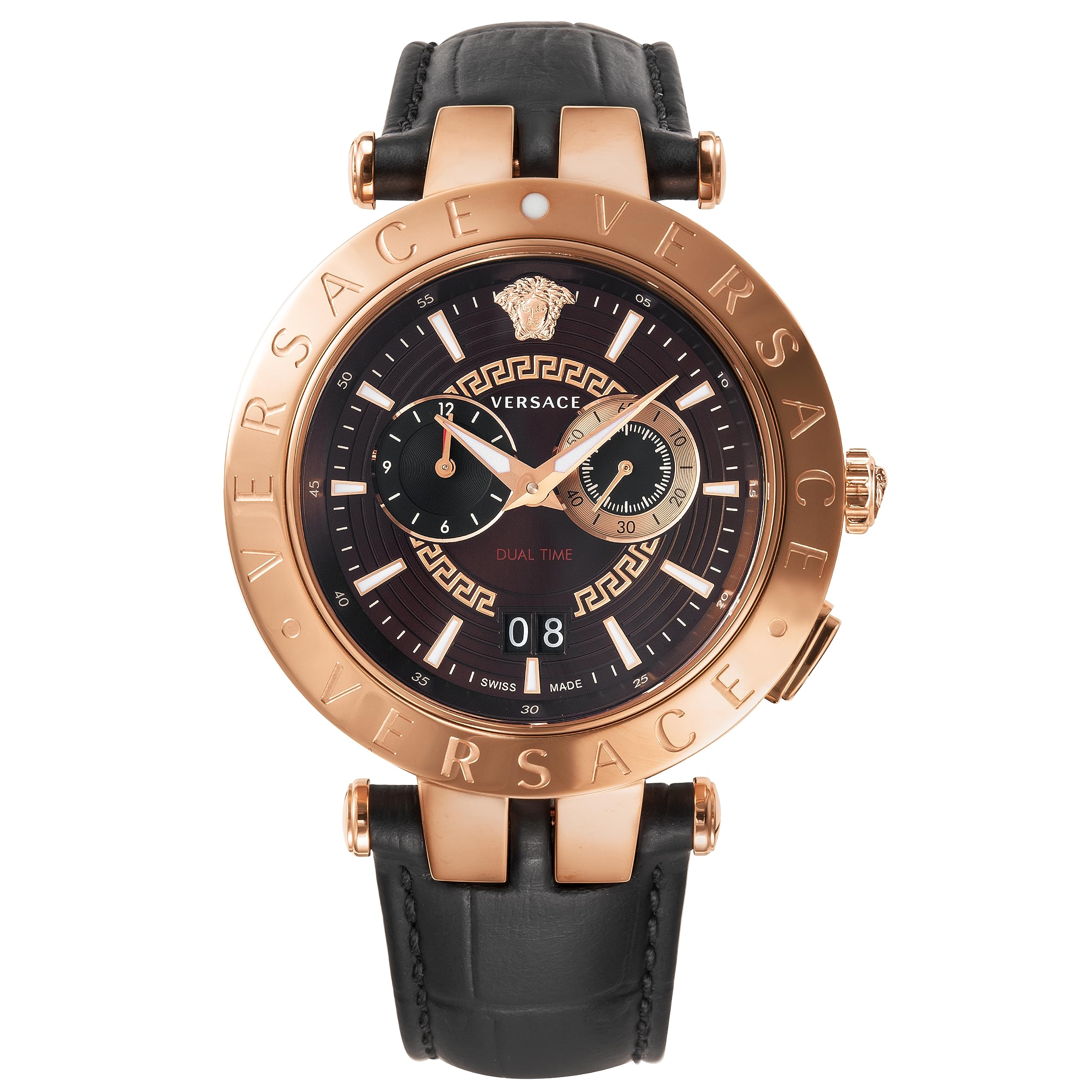 Versace V-RACE DUALTIME V Race Dual Time Dial Stainless Steel Sapphire Glass Quartz 46MM Swiss Watch VEBV Men's, black/rosegold
