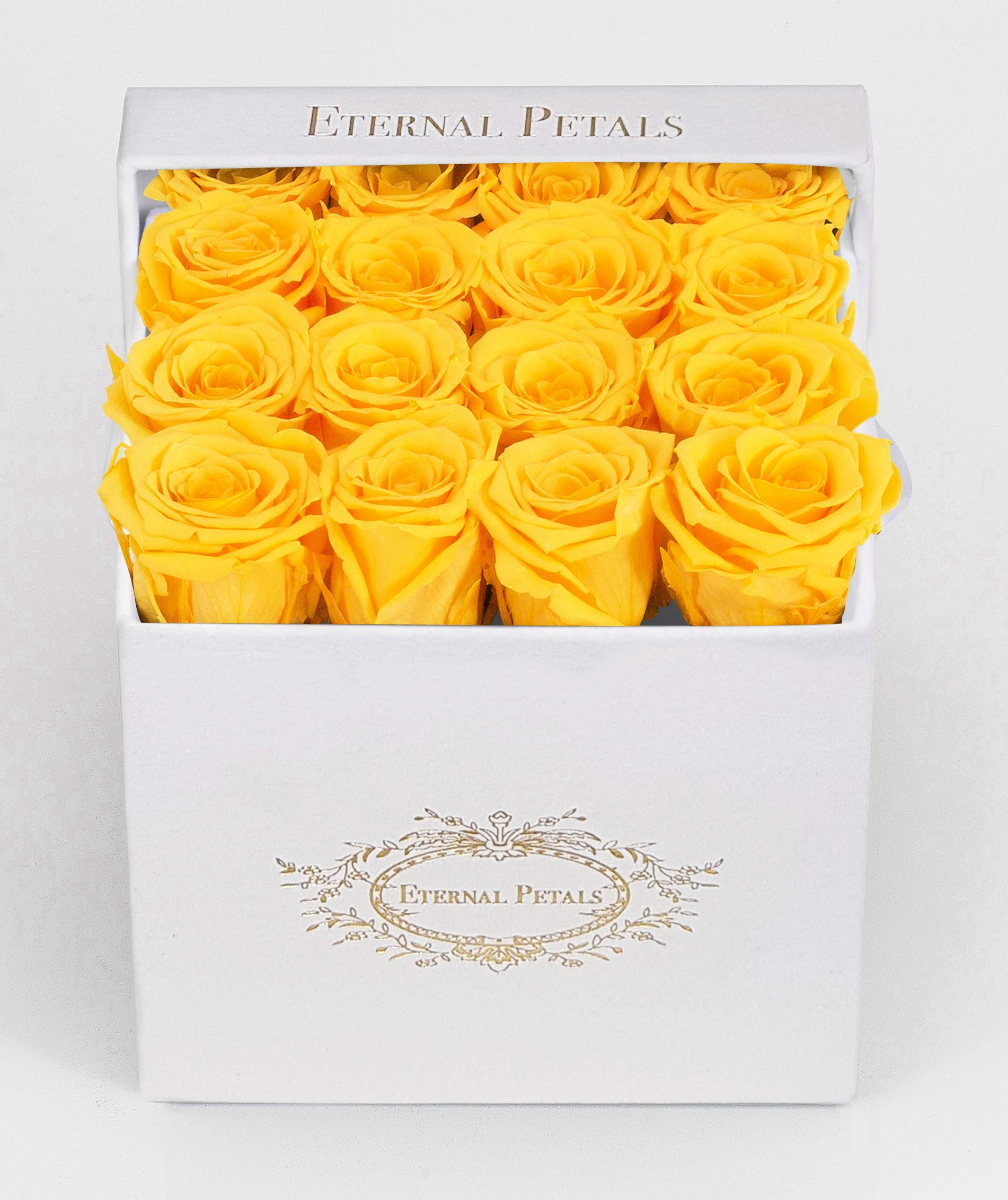 Real Roses That Last Years - Eternal Petals, Handmade in UK – 16 Roses, Square White Flower Box (Yellow)