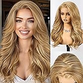 HAIRCUBE 13x6 HD Synthetic Lace Front Wig, 24 Inch Blonde Highlights Long Curly Layered Wigs, Natural Density Hairline Glueless Wigs for Women Daily Use