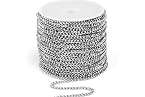 CADIKEZ [66 Feet/ 20M] Stainless Steel Curb Chain, 3mm 304 Stainless Steel Flat Twisted Link Chain Roll Spool Curb Chains Bulk for Jewelry Making DIY Craft