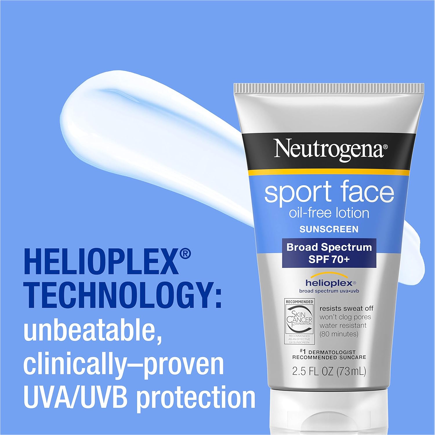Neutrogena Sport Face Sunscreen, Oil-Free Sunscreen Lotion with Broad Spectrum UVA/UVB SPF 70+ Protection, Sweat-Resistant & Water-Resistant Active Sport Sunscreen, 2.5 fl. oz: Beauty