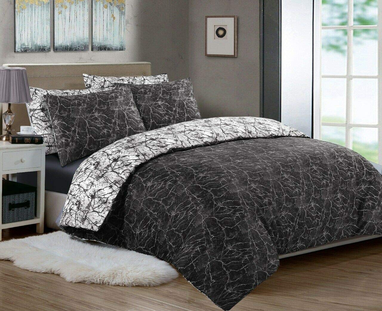 MK Home Textile Marble Duvet Cover Set - Cotton Rich Printed Reversible Bedding Sets Black White Grey Quilt Covers - with Pillowcases Double King Super King Bed Size (Marble, Double)