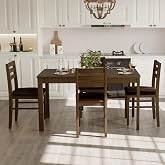 Orweiin 5-Piece Solid Wood Indoor Modern Rectangular Dining Table Set for 4,Table and 4 Chairs Set with PU Leather Cushion for Kitchen,Bar,Living Room,Breakfast Nook,Brown