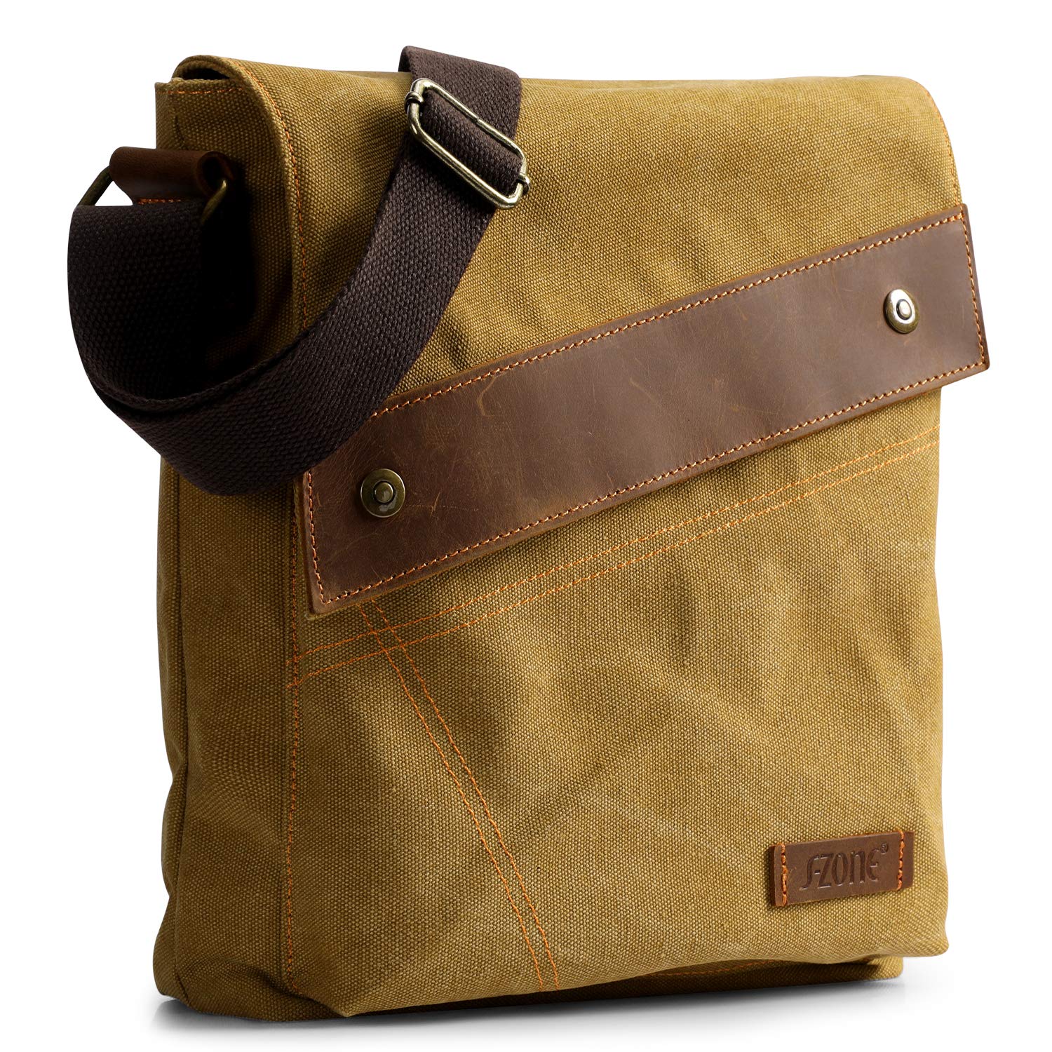 S-ZONE Men Messenger Cross Body Single Shoulder Bag Vintage Crazy Horse Leather Large Multi-function Business Work Briefcase Satchel Side Bag Upgrade 2.0(Yellow Brown)