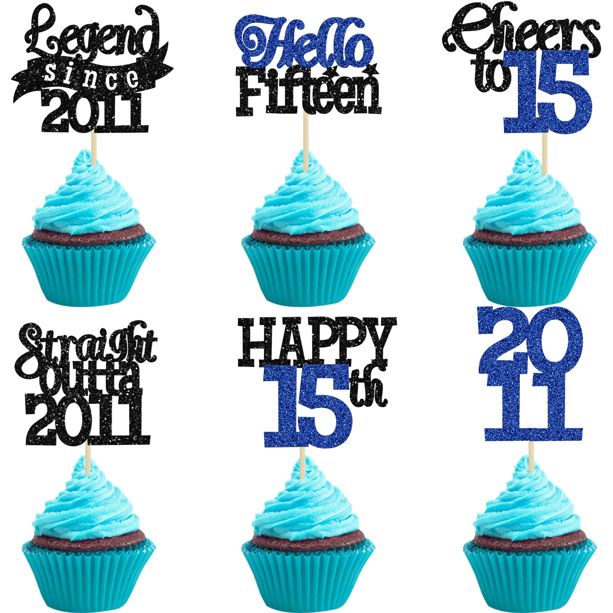 Gyufise 24Pcs Happy 15th Birthday Cupcake Toppers Hello Fifteen Legend Since 2011 Cupcake Picks Cheers to 15 Years Cake Decorations for 15th Birthday Anniversary Party Supplies Black Blue