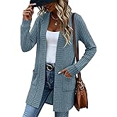 Velvelhall Women's Long Cardigan Sweater with Patch Pockets, Open Front Long Sleeve Lightweight Loose Ribbed Knit Coatigan