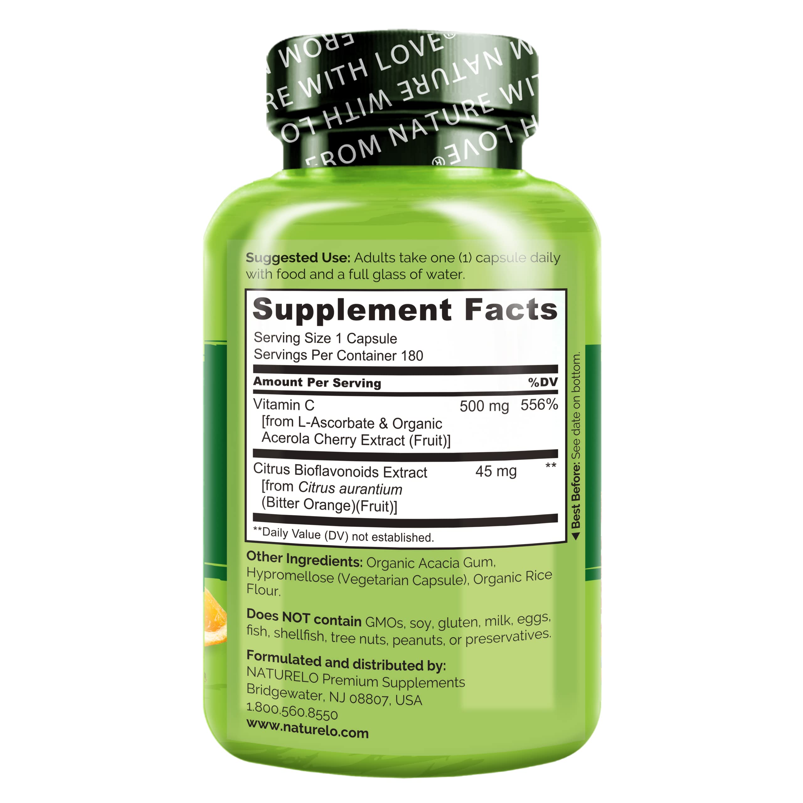 NATURELO Vitamin C with Organic Acerola Cherry Extract and Citrus Bioflavonoids - Vegan Supplement - Immune Support - 500 mg VIT C per Cap - Non-GMO - 180 Capsules