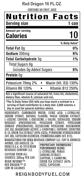 REIGN INFERNO RED DRAGON, THERMOGENIC FUEL, FITNESS AND PERFORMANCE DRINK, 16 FL OZ (PACK OF 12)