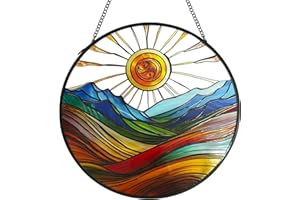 ZZHAOYI Sun Mountains Stained Glass Window Hanging, 7.9'' Sun Catchers Indoor Window Boho Wall Art Decor with Chain, Hand Painted Sun Catcher Gifts for Couples, Women