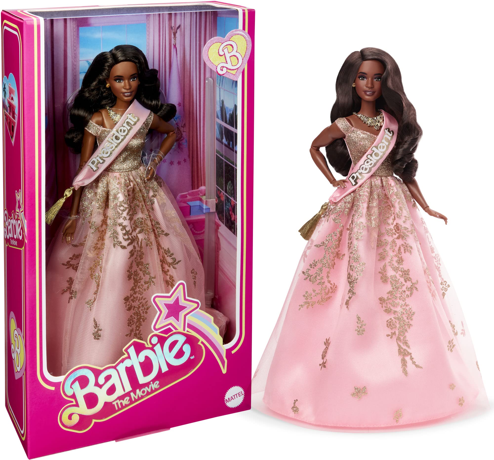 Barbie The Movie Doll, President Barbie Collectible Wearing Shimmery Pink and Gold Dress with Sash​​, HPK05