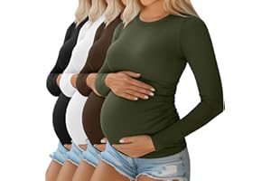 Ficerd 4 Pack Women's Maternity Shirts Cotton Long Sleeve Ribbed Crew Neck Pregnancy Tops Side Ruched Casual Mama Clothes