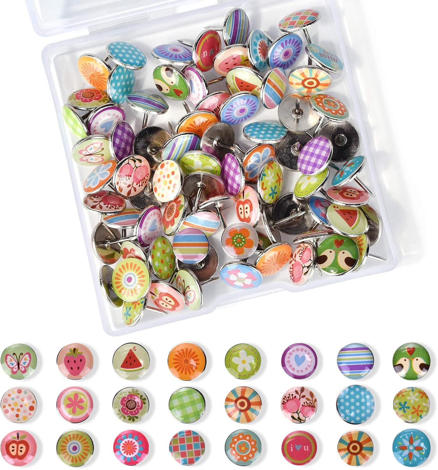HIYUMY 100 Pieces Thumb Tacks, 0.4 Inch Round and Flat Head Epoxy Metal Sharp Pushpin Pushing Needle, DIY Creative and Decorative Pictures Map Tacks Set for Billboard Wall, Office, School