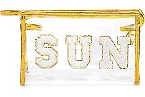 Y1tvei Gold SUN Preppy Patch Varsity Letter Cosmetic Toiletry Bag Transparent PVC Zipper Swimming Pool Makeup Bag Daily Use Clutch Purse Portable Waterproof Travel Organizer Bag for Women Girls Teens