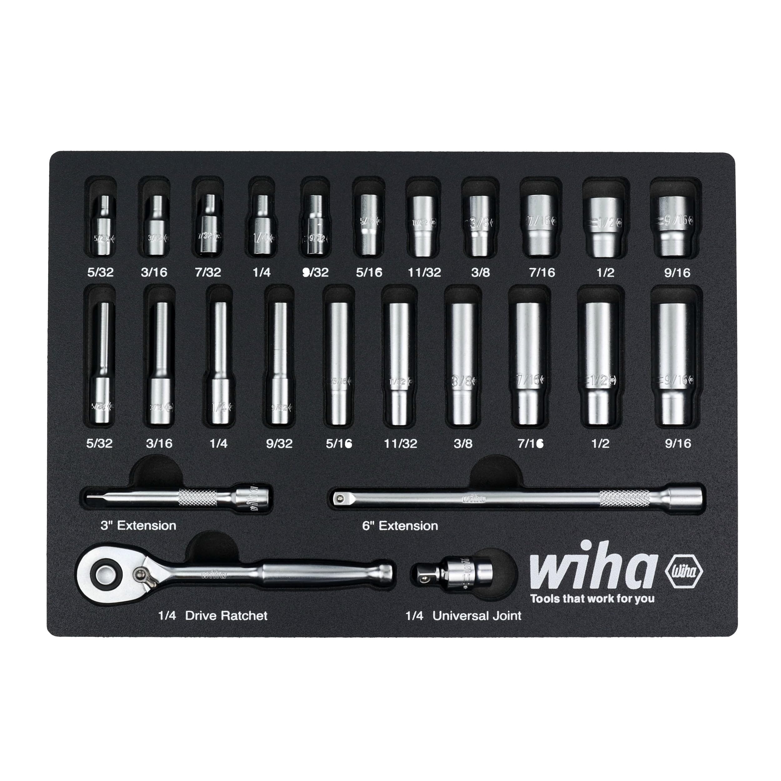 25 Piece 1/4” Drive Standard and Deep Socket Tray Set