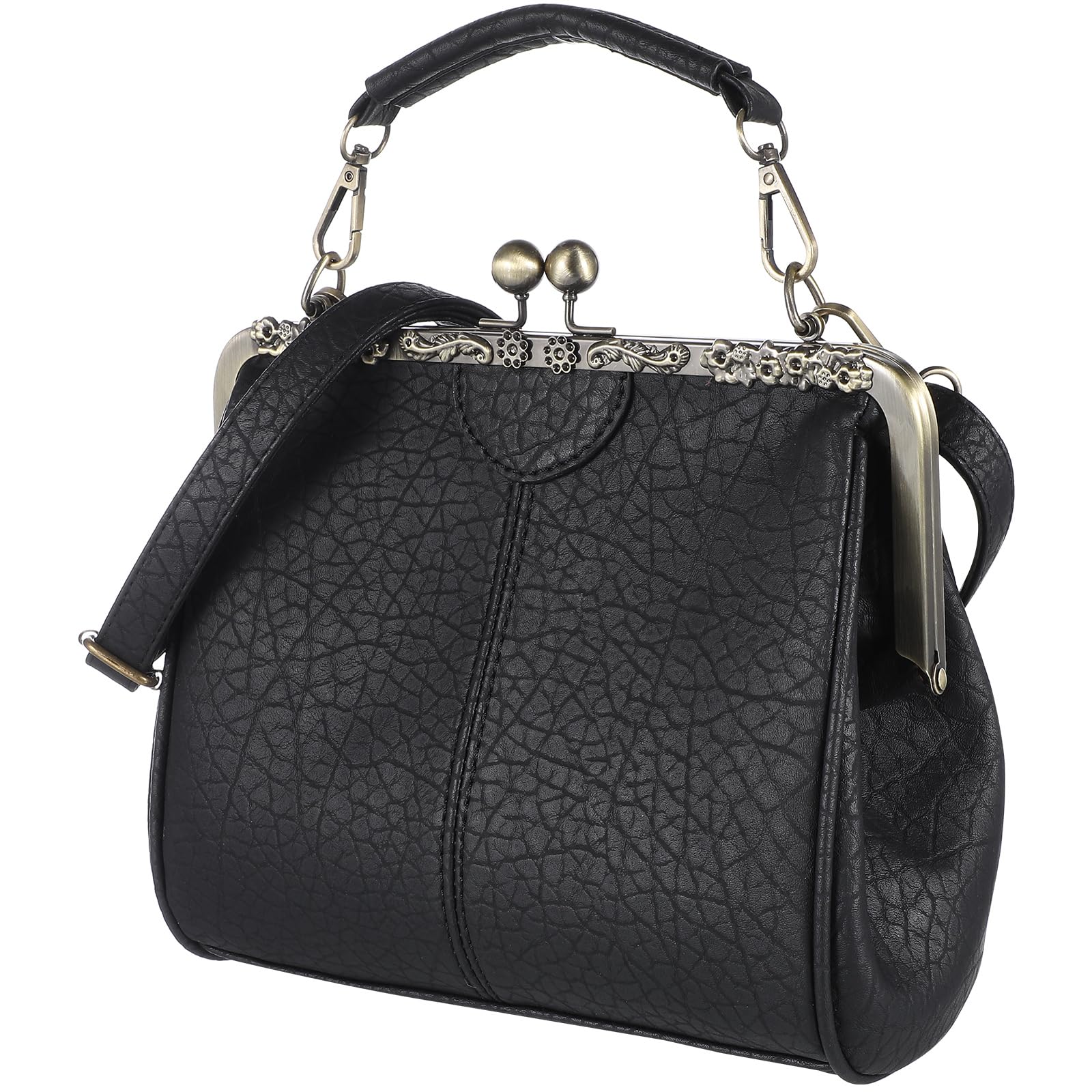 TENDYCOCO Shoulder bag kiss lock shoulder bag PU leather handbag closure for women, black