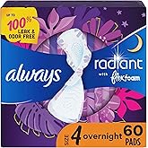 Always Radiant Feminine Pads for Women, Flexfoam Pads with Wings, Size 4, Overnight Absorbency, Lightly Scented, 60 Count (3 