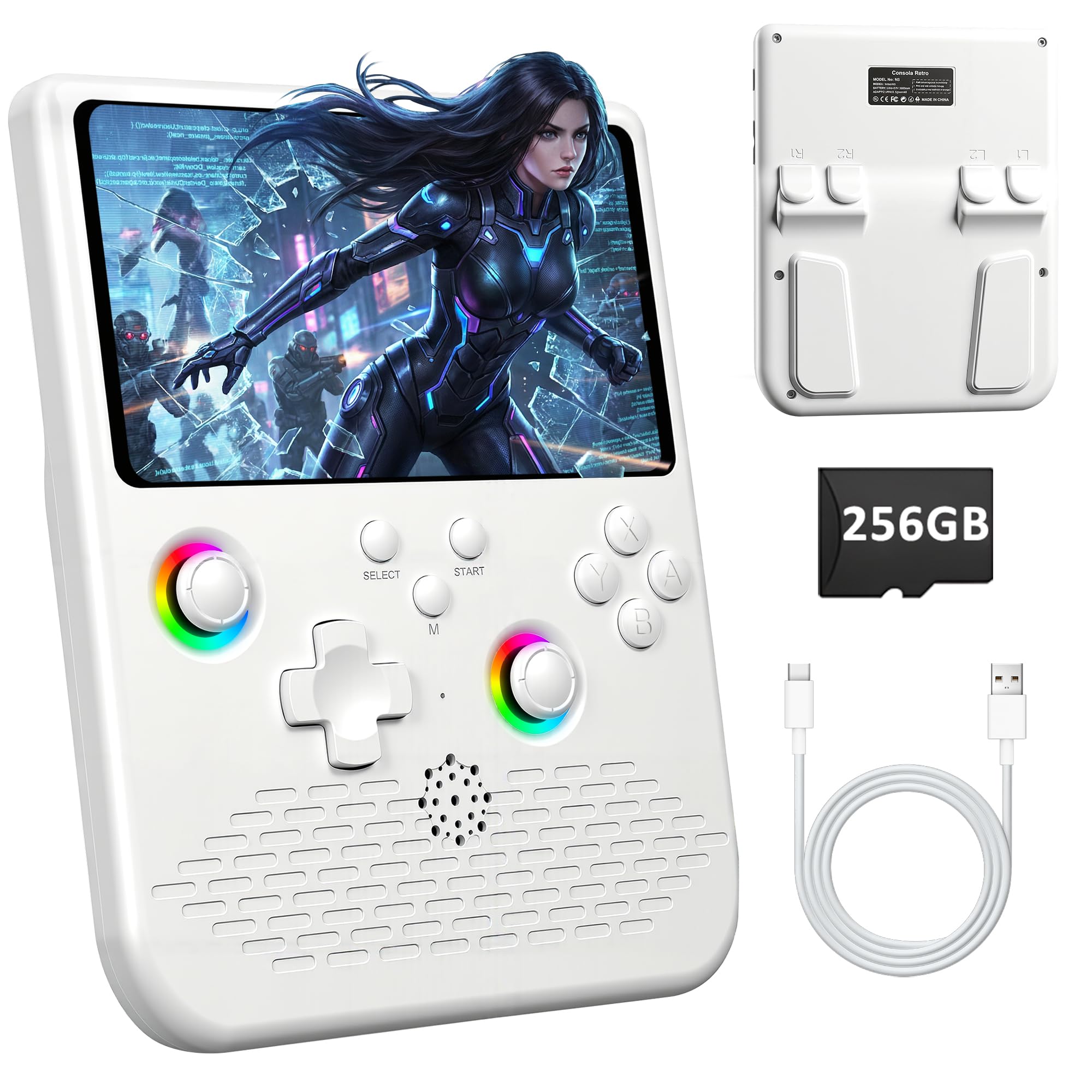 Photo 1 of H5 Retro Gaming Console, 5.0 Inch IPS HD Screen Handheld Game Console, 256GB TF Card Build-in 40000+ Classic Games, Portable Video Arcade Support 34+ Emulators with 4000mAh Battery, White