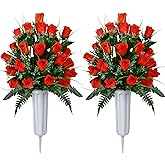 XONOR Artificial Cemetery Flowers, Grave Decorations Roses, Memorial Flowers Bouquet with Cemetery Vase, 2 Sets (Red)